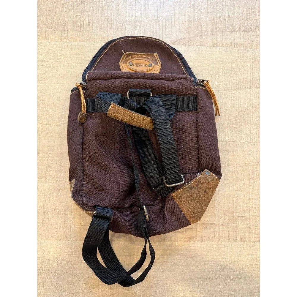 Vintage Fossil Brown Canvas Mini Backpack Utility Travel Bag Leather Trim Y2K
